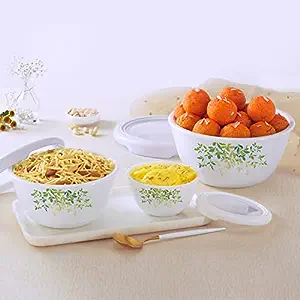 Cello Opalware Mixing Bowl Set with Premium Lid, Green Orchard, Set of 3, (500 ml, 1000 ml, 1500 ml), White Rs. 717