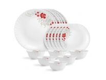 Cello Opalware Dazzle Series Scarlet Bliss Dinner Set, 18Pcs | Opal Glass Dinner Set for 6 | Light-Weight, Daily Use Crockery Set for Dining | White Plate and Bowl Set Rs. 1099