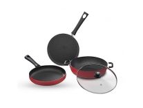 Lifelong Induction Base Non Stick Aluminium Cookware Set of 3| Nonstick Kadai with Glass Lid, 23cm| Nonstick Flat Tawa, 24cm| Nonstick Frying Pan, 22cm (Burgundy, LLCK21) Rs. 999