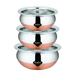 Meqstore Home Kitchen Appliances Stainless Steel Serving Handi Pan, Copper Bottom Biryani Handi Punjabi Pot Pan Combo Handi Set of 3 Rs. 425
