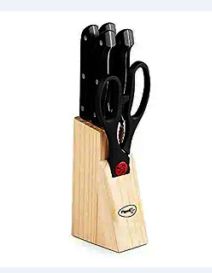 Angular Holder Pigeon Shears Kitchen Knifes 6 Piece Set with Wooden Block (Stainless Steel) Rs. 341