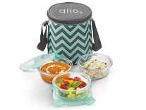 Allo FoodSafe Microwave Safe Glass Lunch Box with Break Free Detachable Lock | 450°C Oven Safe High Borosilicate | Office Tiffin with Chevron Mint Flat Bag | Set of 3, Round 390ml Rs. 799