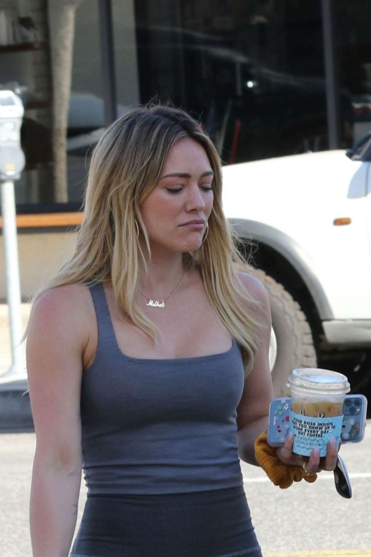 Hilary Duff Spotted In Grey Tights At Alfred's Coffee In Studio City