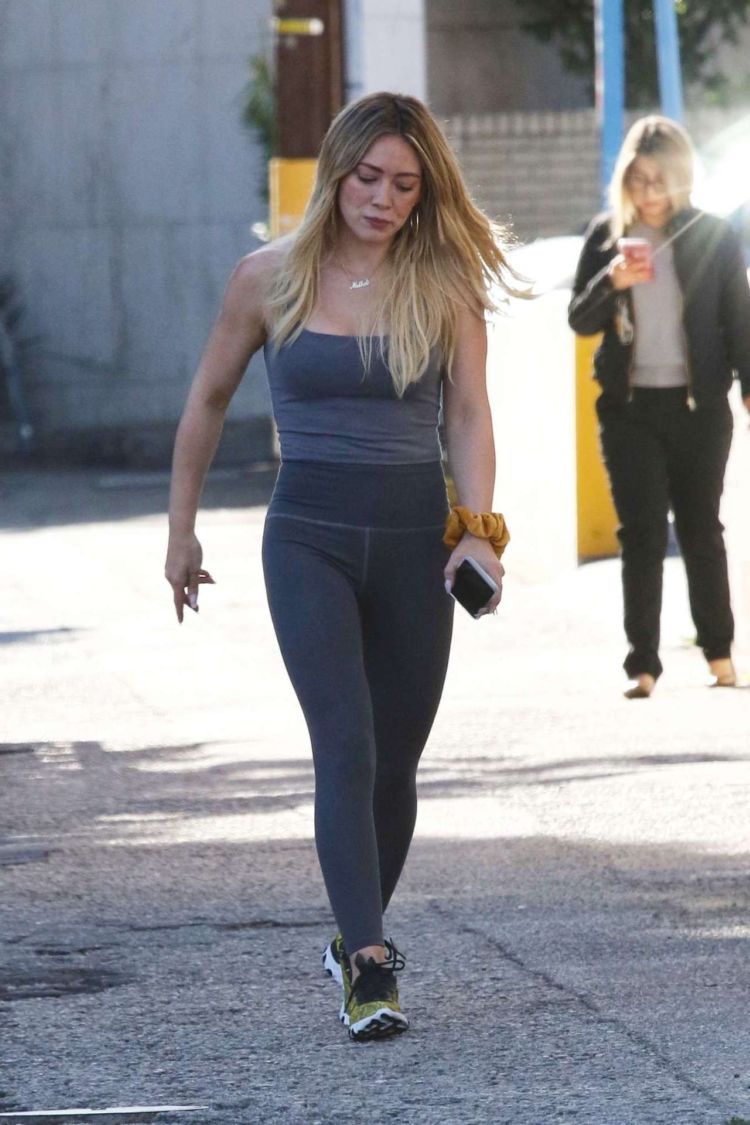 Hilary Duff Spotted In Grey Tights At Alfred's Coffee In Studio City