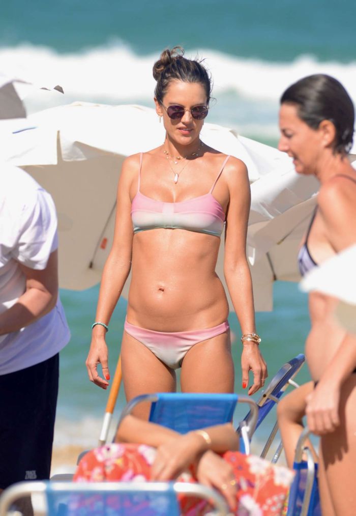 Alessandra Ambrosio Plays Volleyball In Pink Bikini On The Beach in Florianopolis