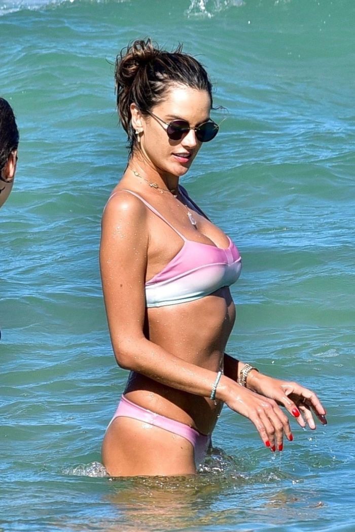 Alessandra Ambrosio Plays Volleyball In Pink Bikini On The Beach in Florianopolis