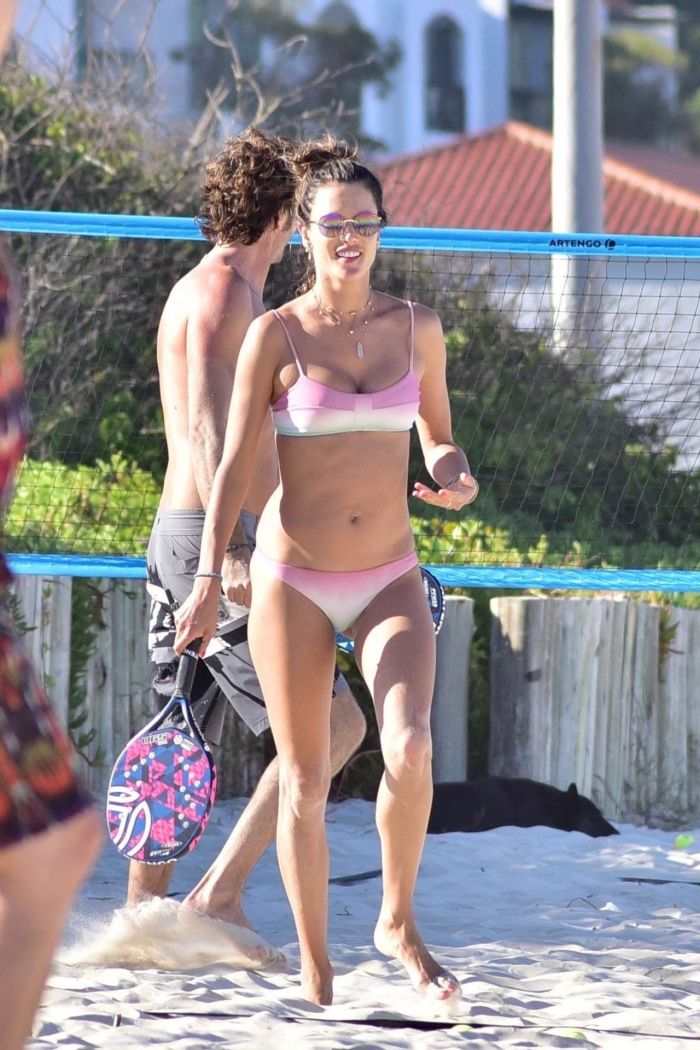 Alessandra Ambrosio Plays Volleyball In Pink Bikini On The Beach in Florianopolis
