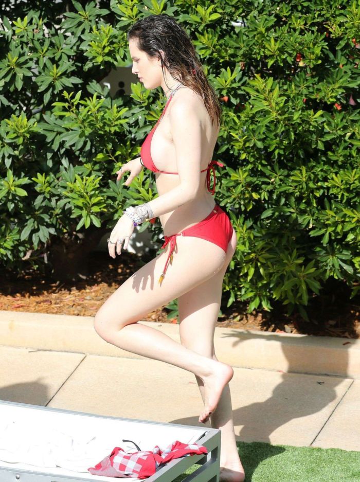 Bella Thorne In A Red Bikini At A Swimming Pool In Miami