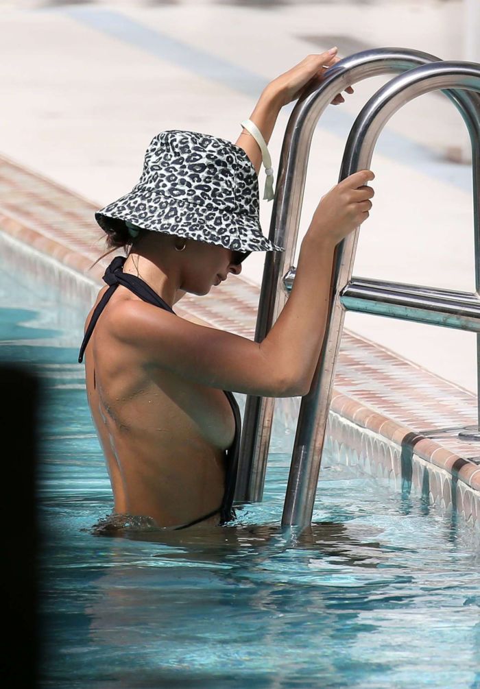 Emily Ratajkowski Candids In A Black Swimsuit At Miami Beach