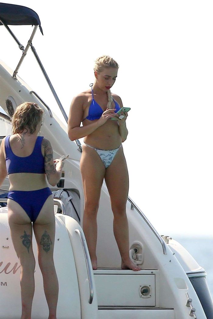 Gabby Allen Enjoys In A Blue Bikini With Friends On A Yacht In Ibiza