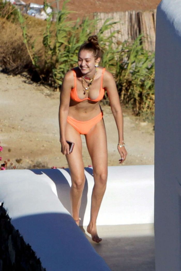 Gigi Hadid Candids In An Orange Bikini In Mykonos