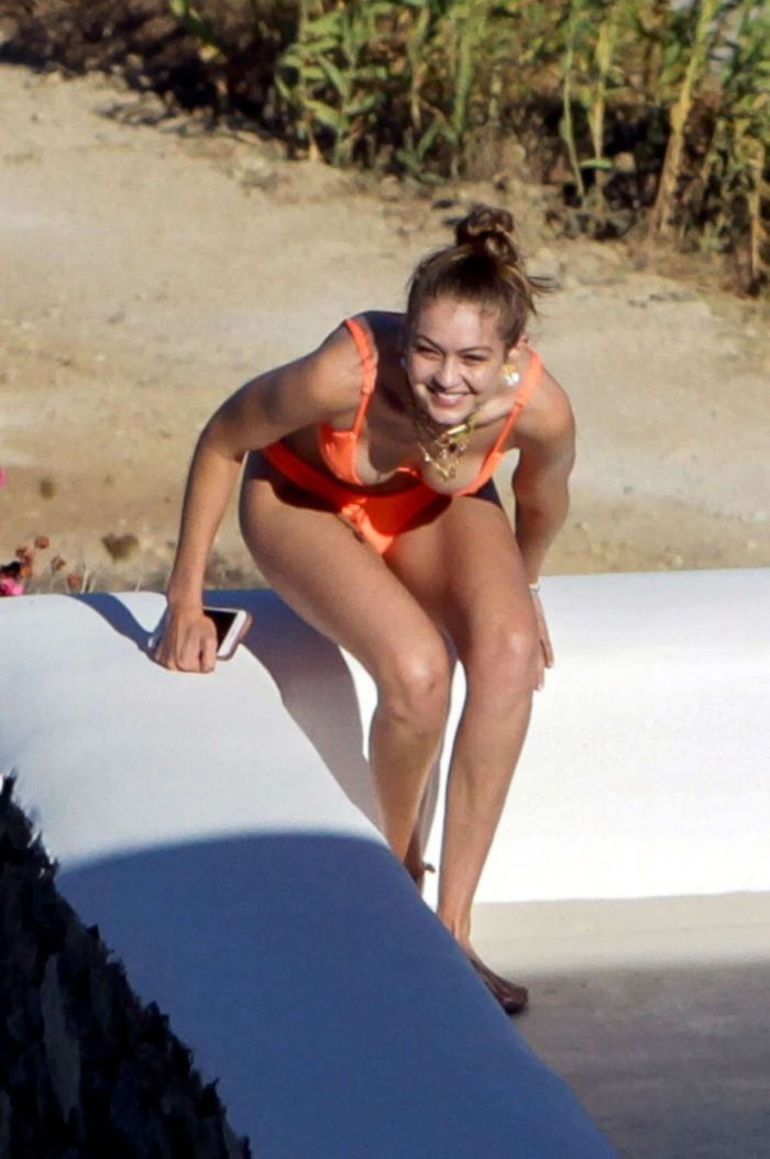 Gigi Hadid Candids In An Orange Bikini In Mykonos