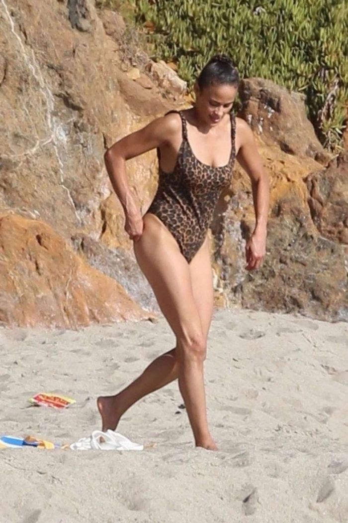 Paula Patton In A Leopard Print Swimsuit On Malibu Beach