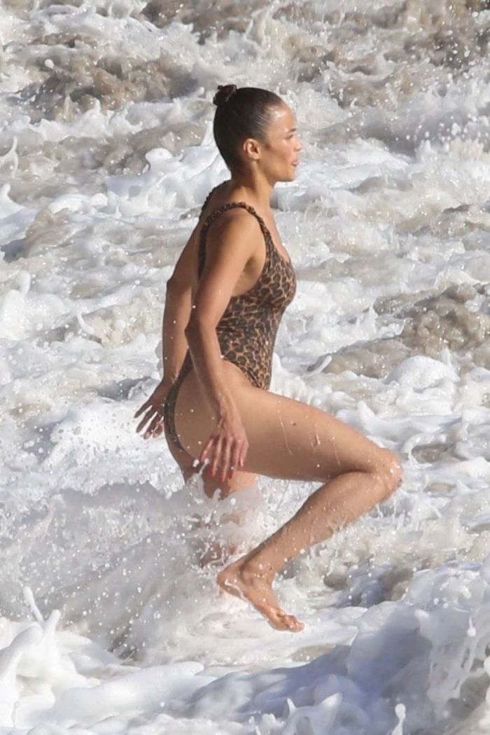 Paula Patton In A Leopard Print Swimsuit On Malibu Beach