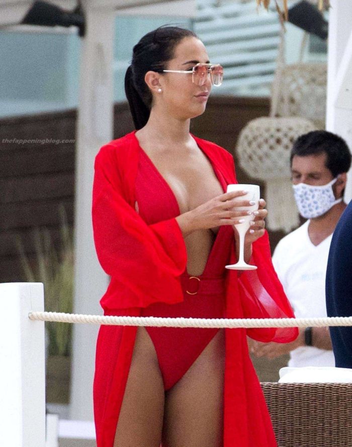 Yazmin Oukhellou Candids In A Racy Red Swimwear